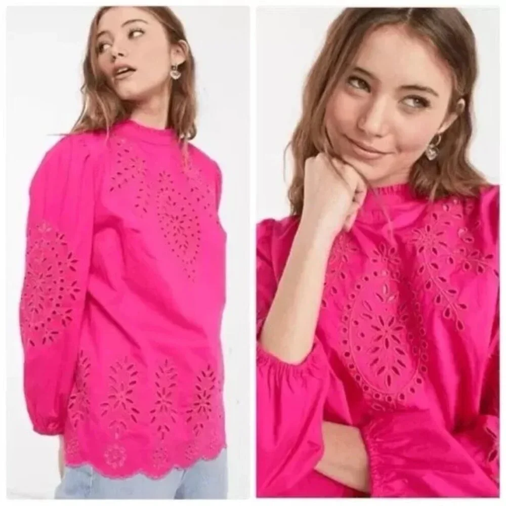 J.Crew Mockneck Cotton Eyelet Top With Cami, Size L,  Fuchsia Pink, Excellent